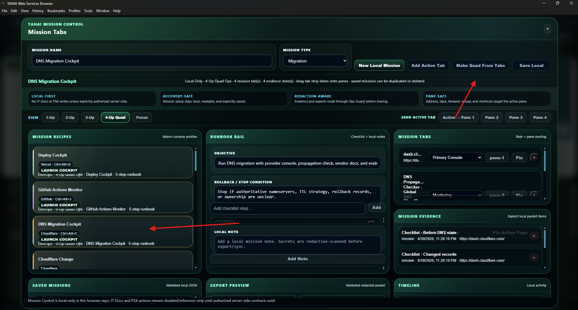 TAHAI Browser Mission Tabs screen showing DNS Migration Cockpit, launch recipes, runbook rail, mission tabs, and Make Quad From Tabs
