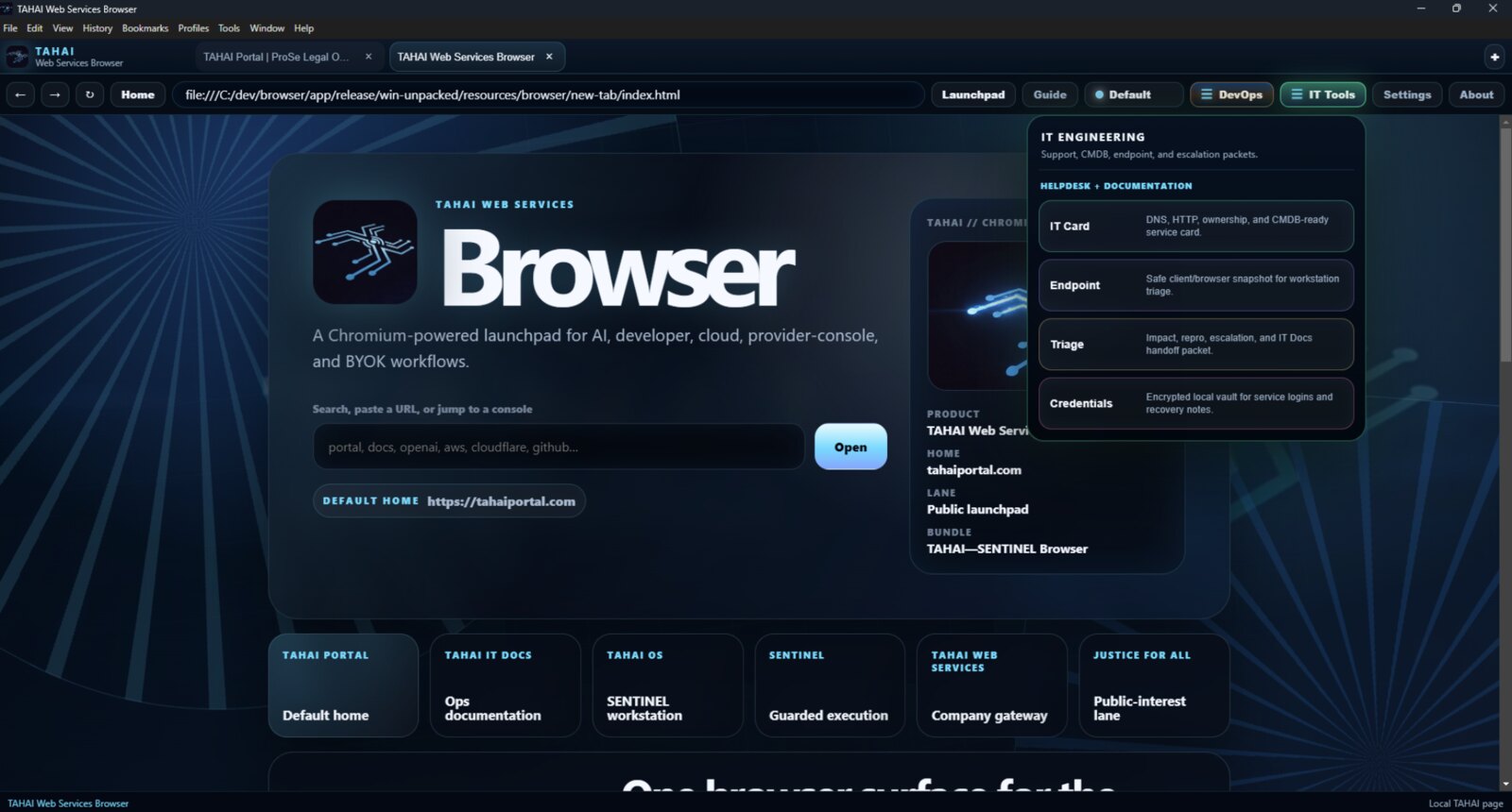 TAHAI Web Services Browser showing the IT Engineering tools flyout