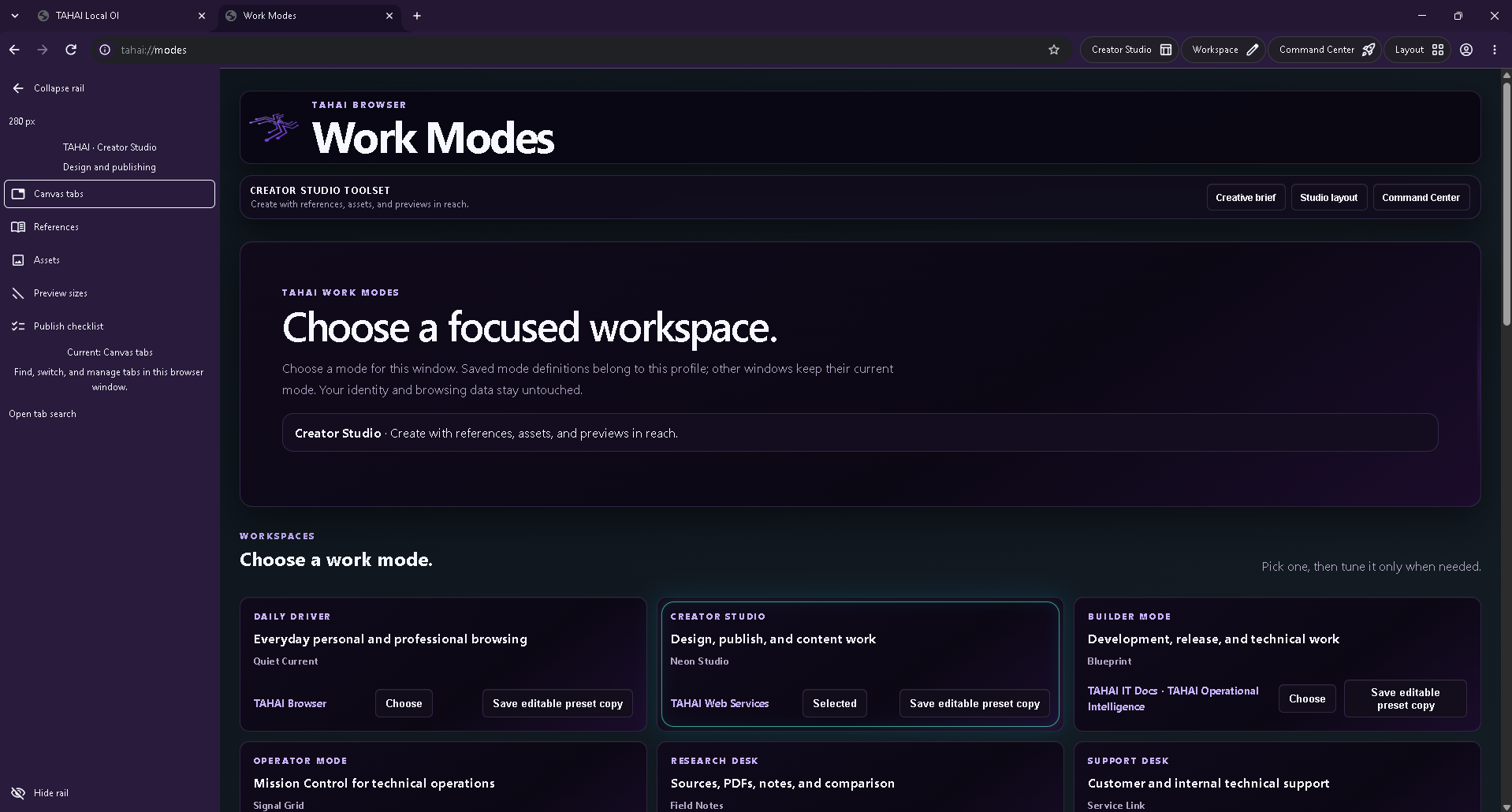 TAHAI Browser 3.0.2 Work Modes with Creator Studio selected